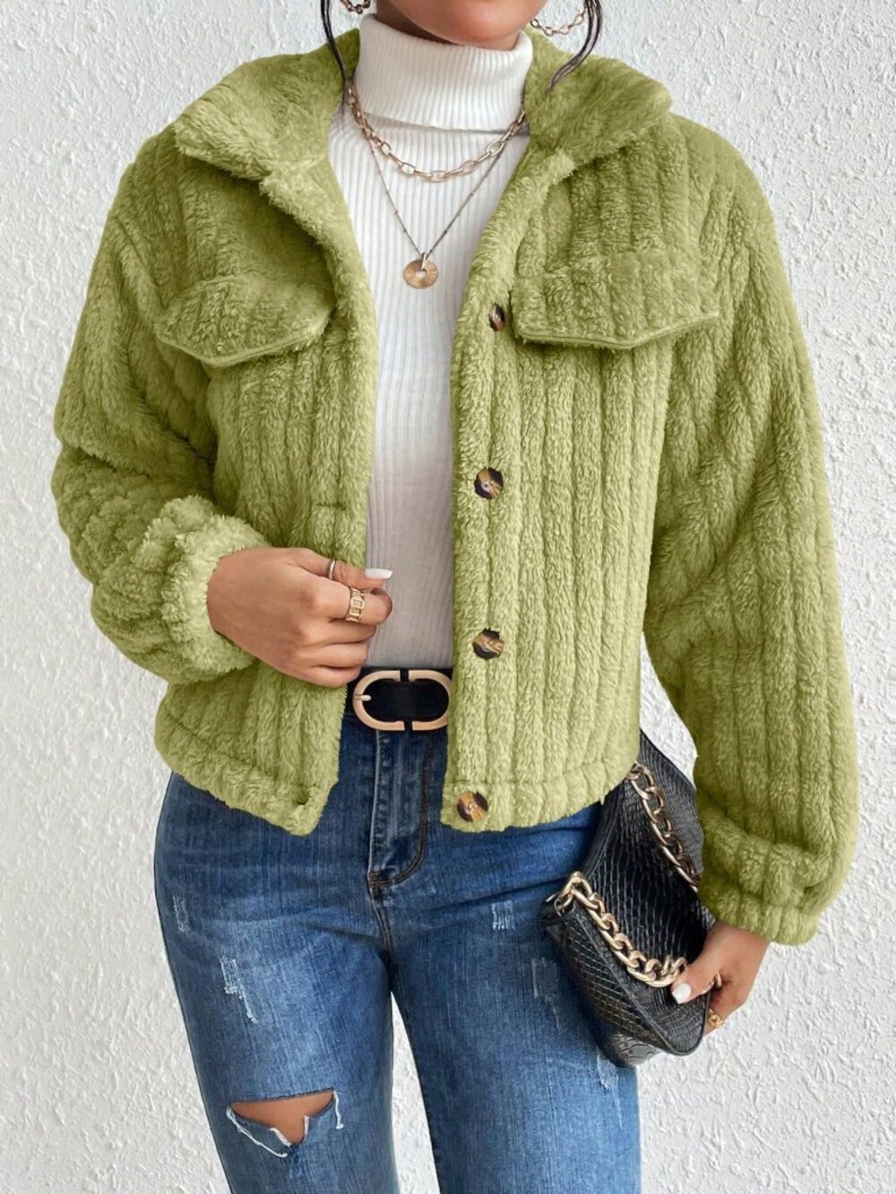 Mint Green Casual Women's Minimalist Fluffy Jacket - Picture 3 of 7